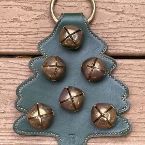 VTG GREEN LEATHER CHRISTMAS Tree shaped door bell hanger with beautiful patina